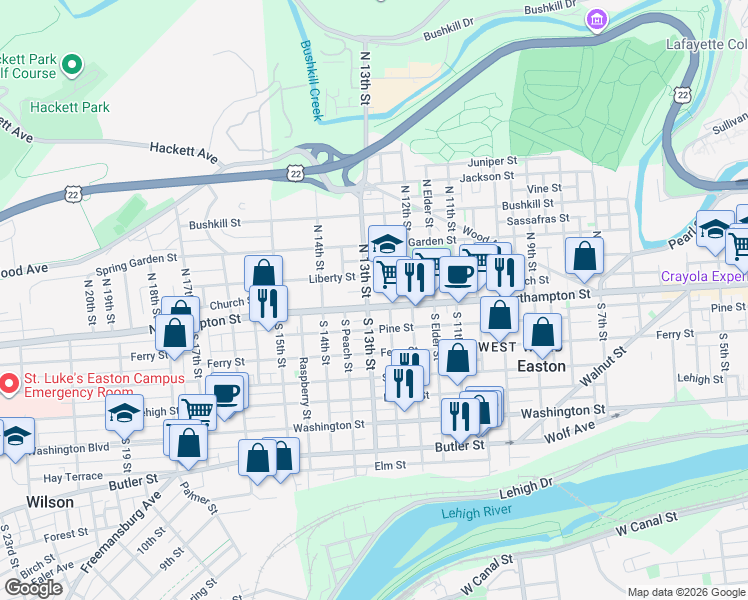 map of restaurants, bars, coffee shops, grocery stores, and more near 1259 Northampton Street in Easton