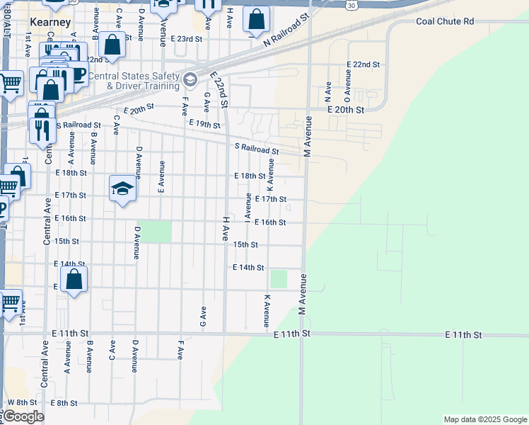 map of restaurants, bars, coffee shops, grocery stores, and more near 1606 K Avenue in Kearney