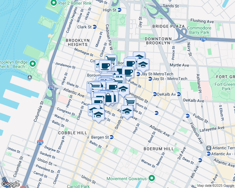 map of restaurants, bars, coffee shops, grocery stores, and more near 99 Schermerhorn Street in Brooklyn