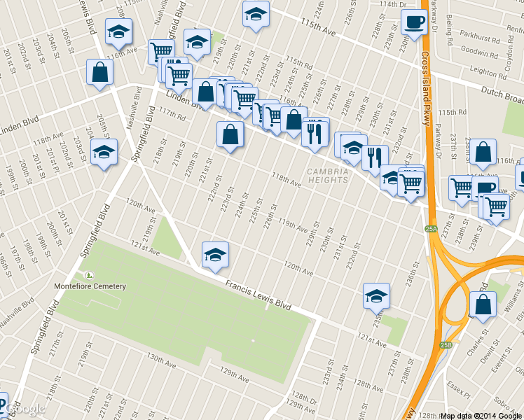 map of restaurants, bars, coffee shops, grocery stores, and more near 118-57 225th St in Queens