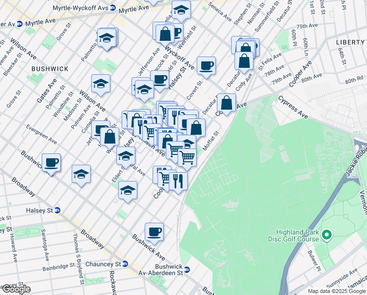 map of restaurants, bars, coffee shops, grocery stores, and more near 1286 Decatur Street in Brooklyn