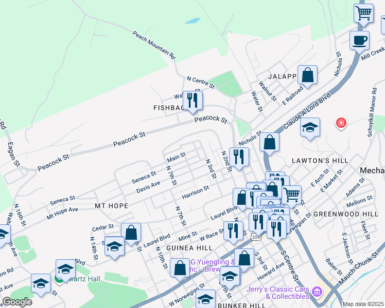 map of restaurants, bars, coffee shops, grocery stores, and more near 411 Main Street in Pottsville