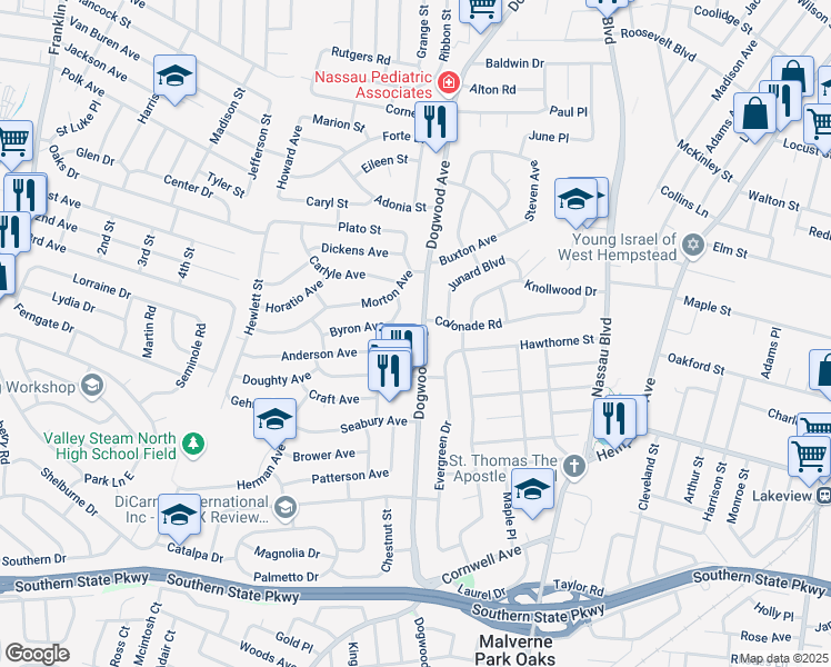map of restaurants, bars, coffee shops, grocery stores, and more near 620 Dogwood Avenue in Franklin Square