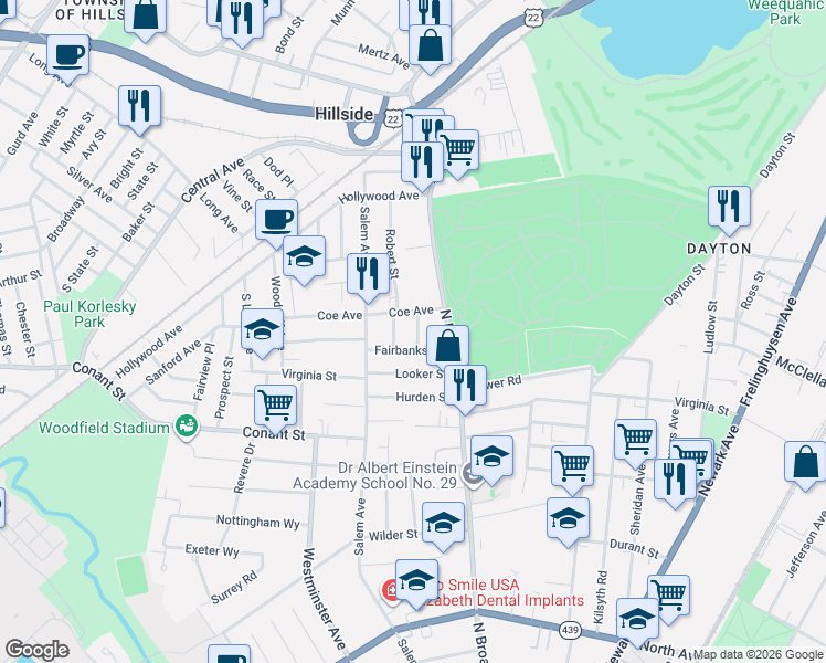 map of restaurants, bars, coffee shops, grocery stores, and more near 1136 Bank Street in Hillside