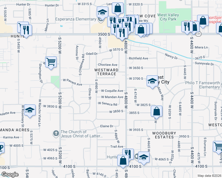 map of restaurants, bars, coffee shops, grocery stores, and more near 4894 West Coquille Avenue in Salt Lake City