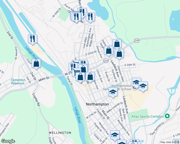 map of restaurants, bars, coffee shops, grocery stores, and more near 2022 Washington Avenue in Northampton