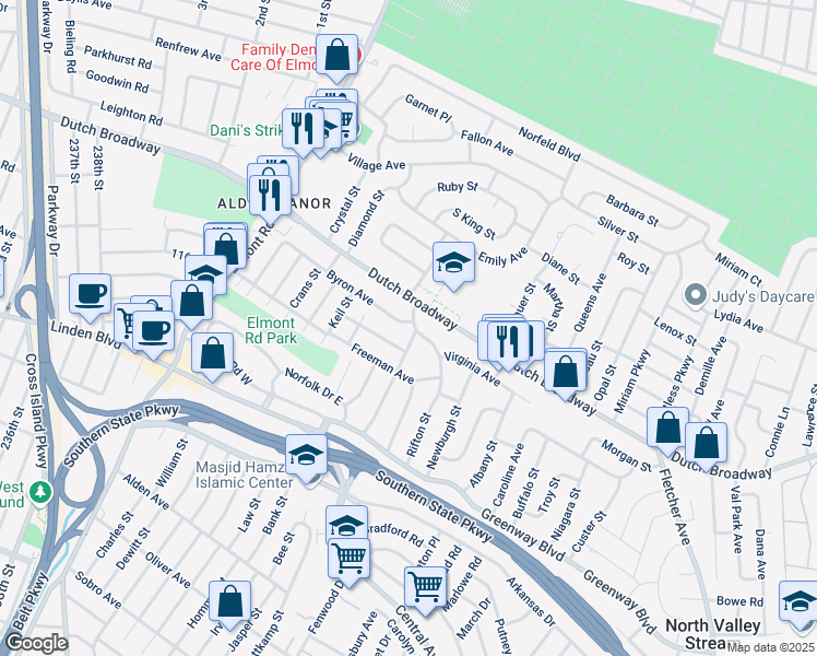map of restaurants, bars, coffee shops, grocery stores, and more near 182 Landford Drive in Elmont