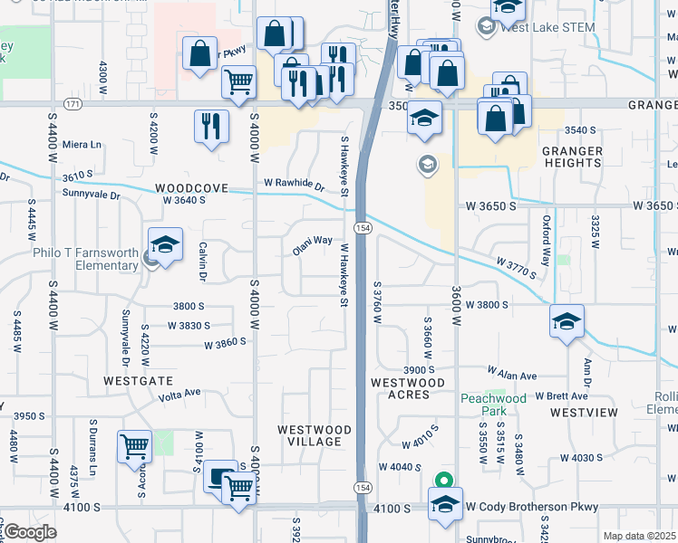 map of restaurants, bars, coffee shops, grocery stores, and more near 3752 West Hawkeye Street in West Valley City