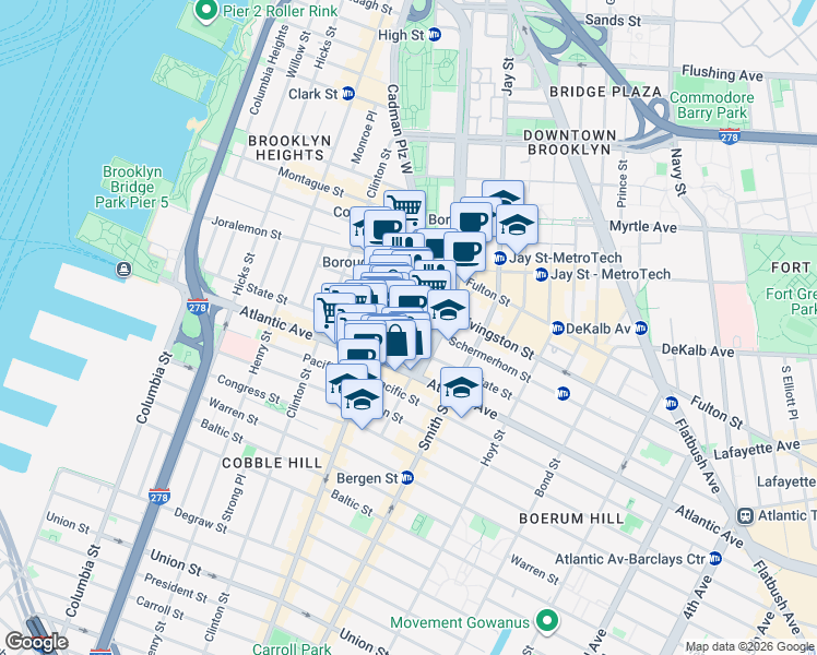 map of restaurants, bars, coffee shops, grocery stores, and more near 99 Schermerhorn Street in Brooklyn