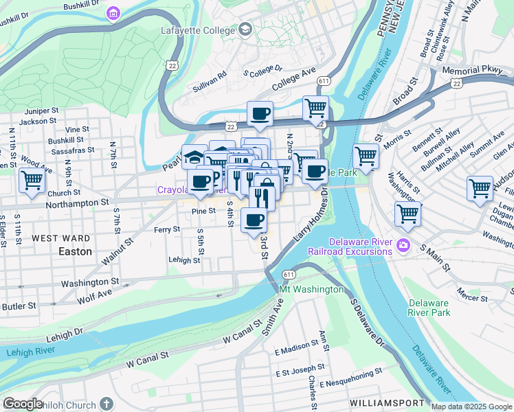 map of restaurants, bars, coffee shops, grocery stores, and more near 30 Centre Square in Easton