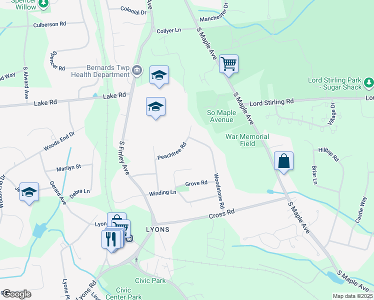map of restaurants, bars, coffee shops, grocery stores, and more near 53 Peachtree Road in Bernards