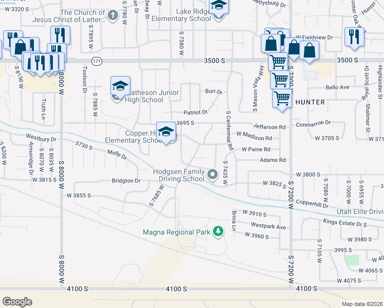 map of restaurants, bars, coffee shops, grocery stores, and more near 3764 West 7525 South in Magna