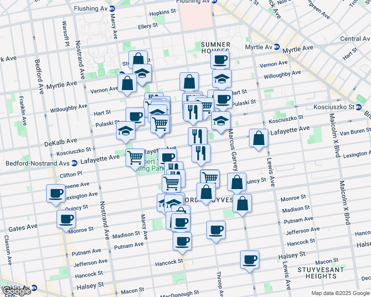 map of restaurants, bars, coffee shops, grocery stores, and more near 728 Lafayette Avenue in Brooklyn