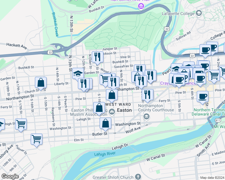 map of restaurants, bars, coffee shops, grocery stores, and more near 2 South 10th Street in Easton