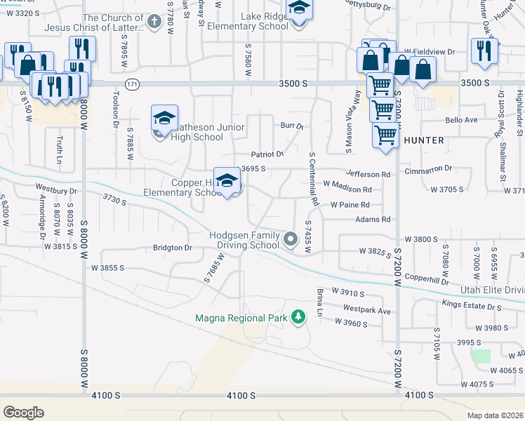 map of restaurants, bars, coffee shops, grocery stores, and more near 3764 West 7525 South in Magna