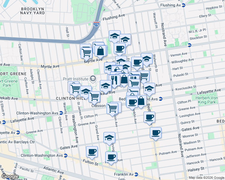 map of restaurants, bars, coffee shops, grocery stores, and more near 419 Dekalb Avenue in Brooklyn