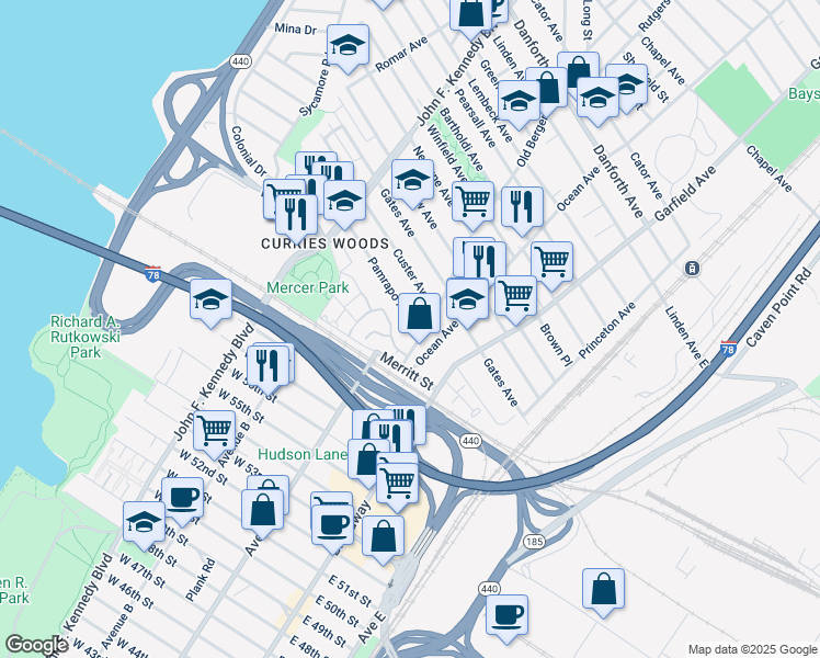 map of restaurants, bars, coffee shops, grocery stores, and more near 9 Pamrapo Avenue in Jersey City