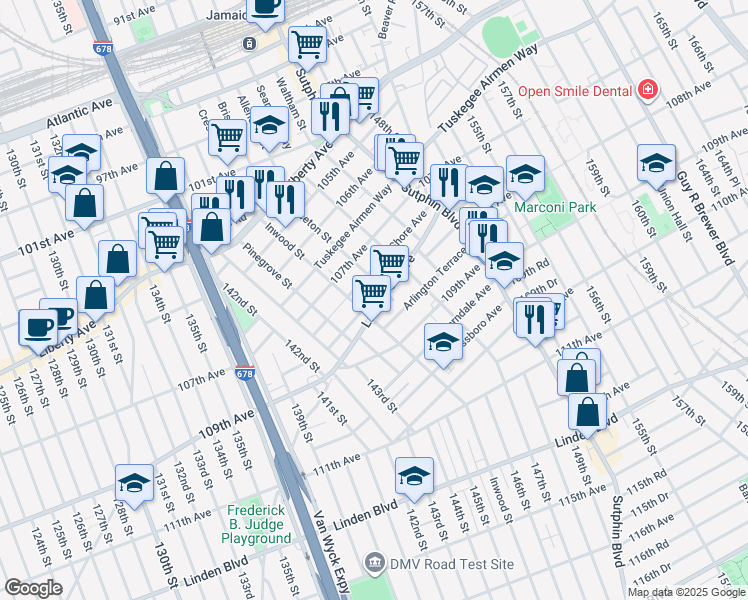 map of restaurants, bars, coffee shops, grocery stores, and more near 145-15 Lakewood Avenue in Queens
