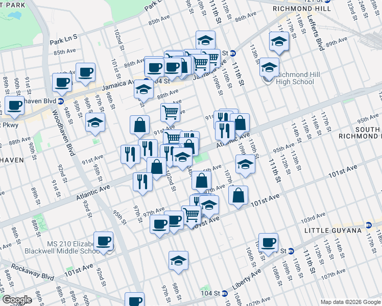 map of restaurants, bars, coffee shops, grocery stores, and more near 104-14 Atlantic Avenue in Queens