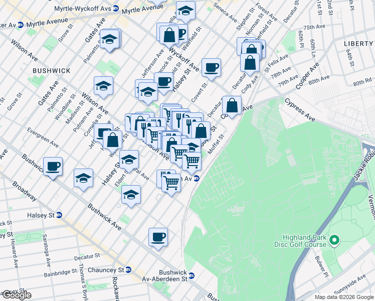 map of restaurants, bars, coffee shops, grocery stores, and more near 235A Cooper Street in Brooklyn