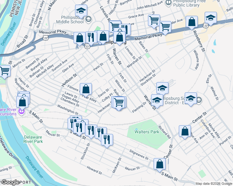 map of restaurants, bars, coffee shops, grocery stores, and more near 66 Colby Place in Phillipsburg
