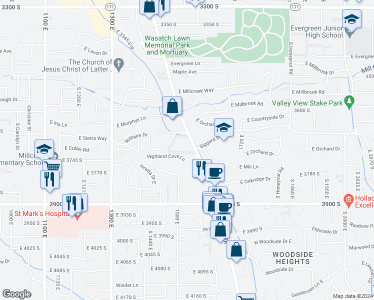map of restaurants, bars, coffee shops, grocery stores, and more near 3716 Highland Drive in Millcreek