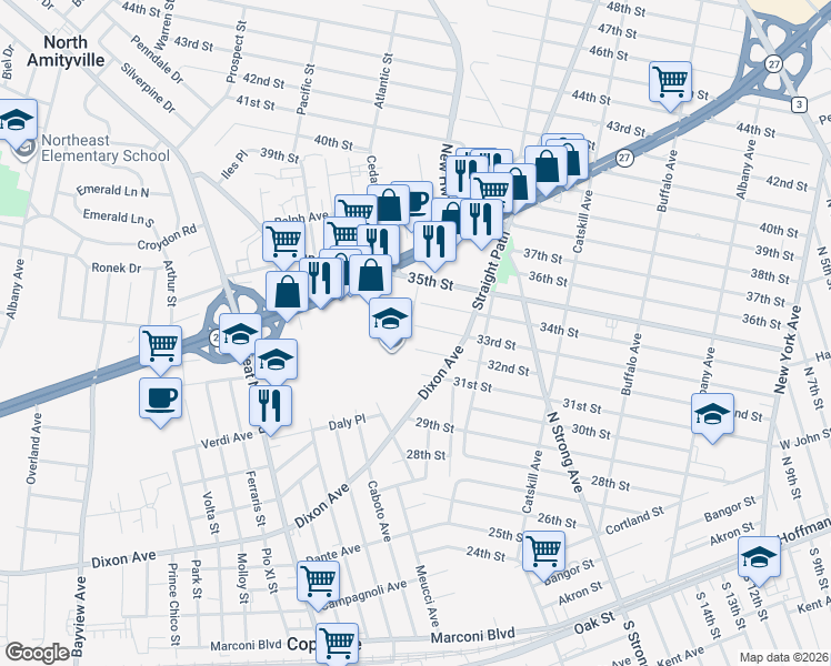 map of restaurants, bars, coffee shops, grocery stores, and more near 30 33rd Street in Copiague