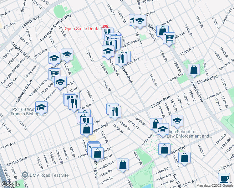 map of restaurants, bars, coffee shops, grocery stores, and more near 111-12 160th Street in Queens