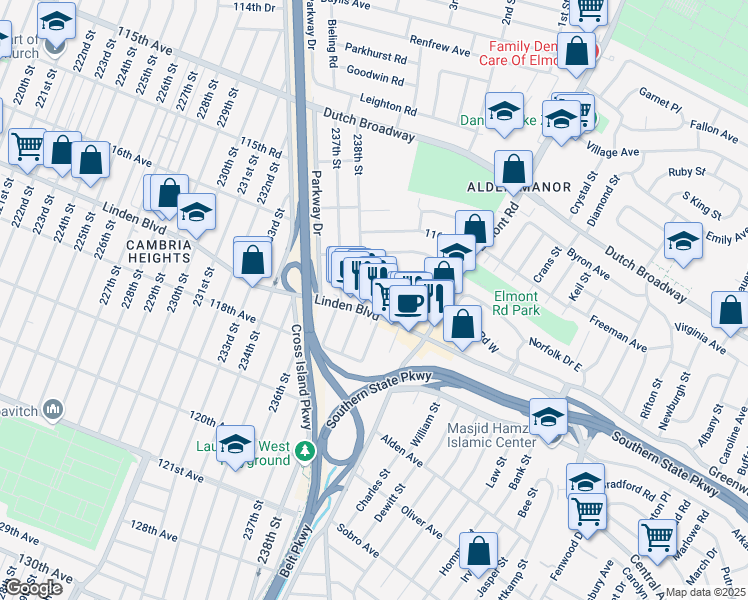 map of restaurants, bars, coffee shops, grocery stores, and more near 239 Linden Boulevard in Elmont