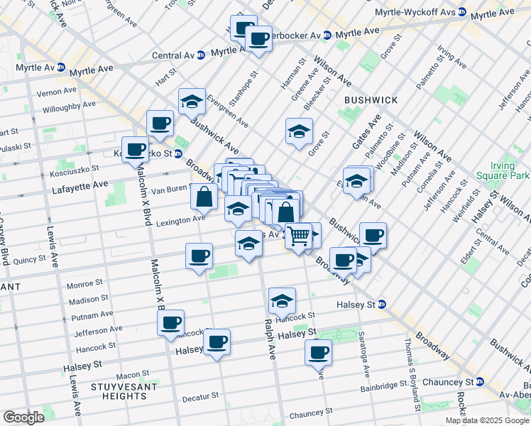 map of restaurants, bars, coffee shops, grocery stores, and more near 15 Grove Street in Brooklyn