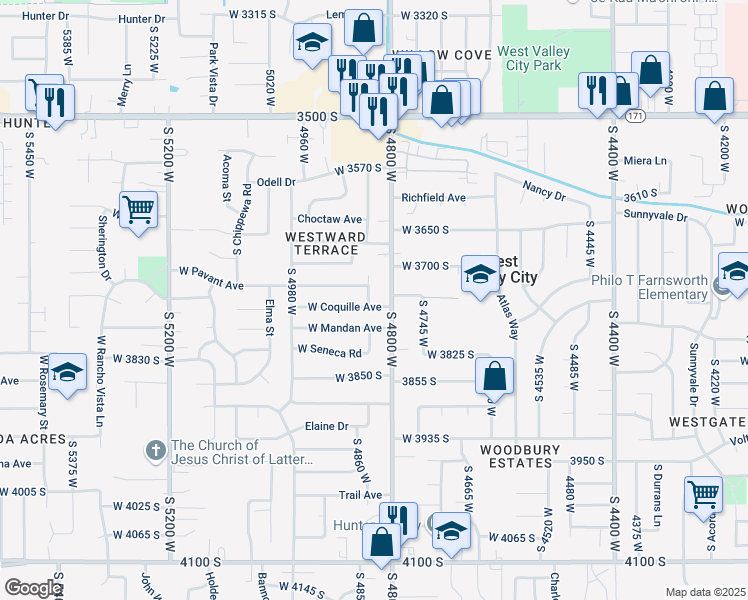 map of restaurants, bars, coffee shops, grocery stores, and more near 3747 South Tecumseh Street in Salt Lake City