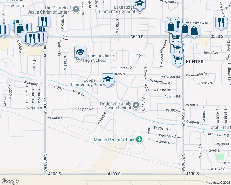map of restaurants, bars, coffee shops, grocery stores, and more near 3760 Adams Road in Magna