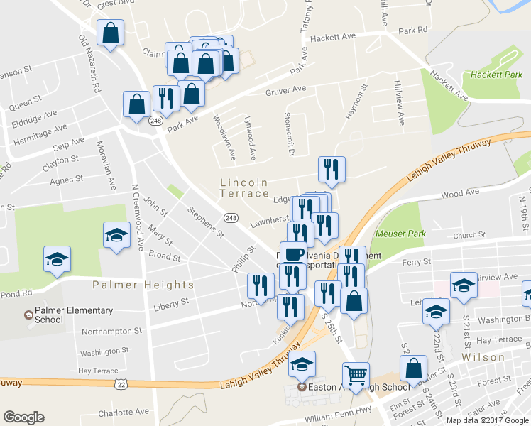 map of restaurants, bars, coffee shops, grocery stores, and more near 2631 Woodlawn Ave in Easton