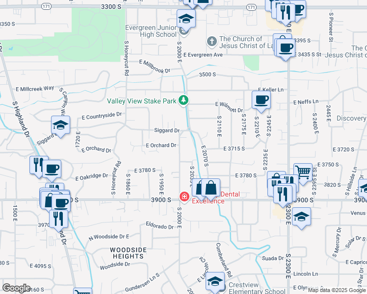map of restaurants, bars, coffee shops, grocery stores, and more near 3713 South 2000 East in Salt Lake City
