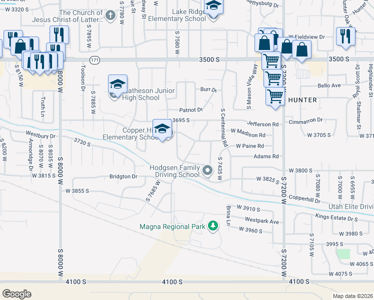 map of restaurants, bars, coffee shops, grocery stores, and more near 3764 West 7525 South in Magna