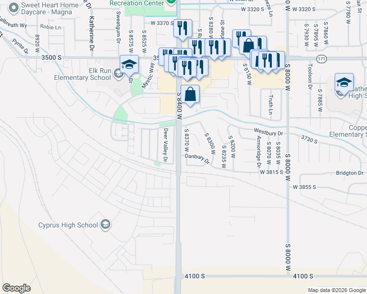 map of restaurants, bars, coffee shops, grocery stores, and more near 162 South 8415 West in Magna