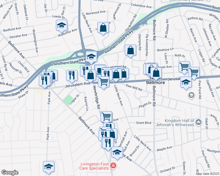map of restaurants, bars, coffee shops, grocery stores, and more near 2478 Jerusalem Avenue in North Bellmore