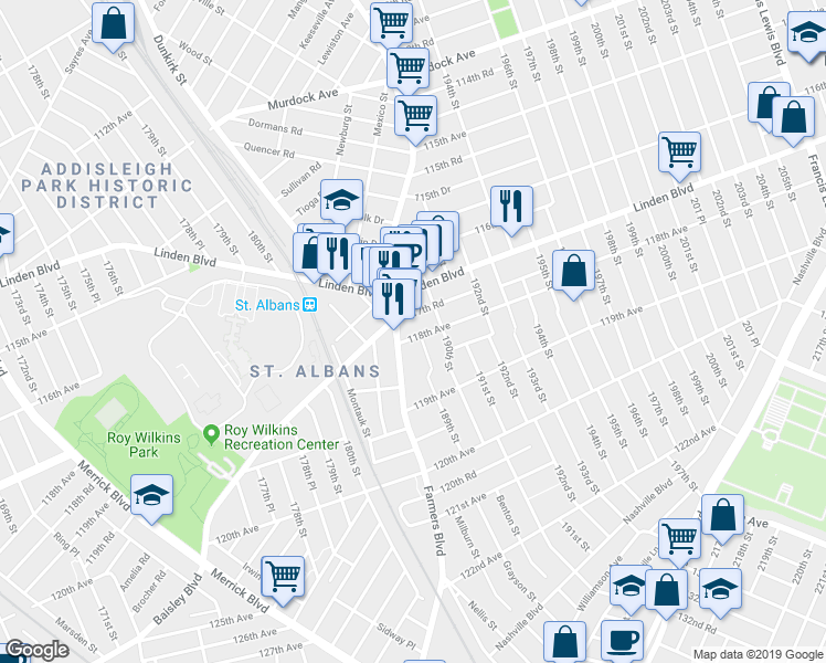map of restaurants, bars, coffee shops, grocery stores, and more near 189-4 118th Avenue in Queens