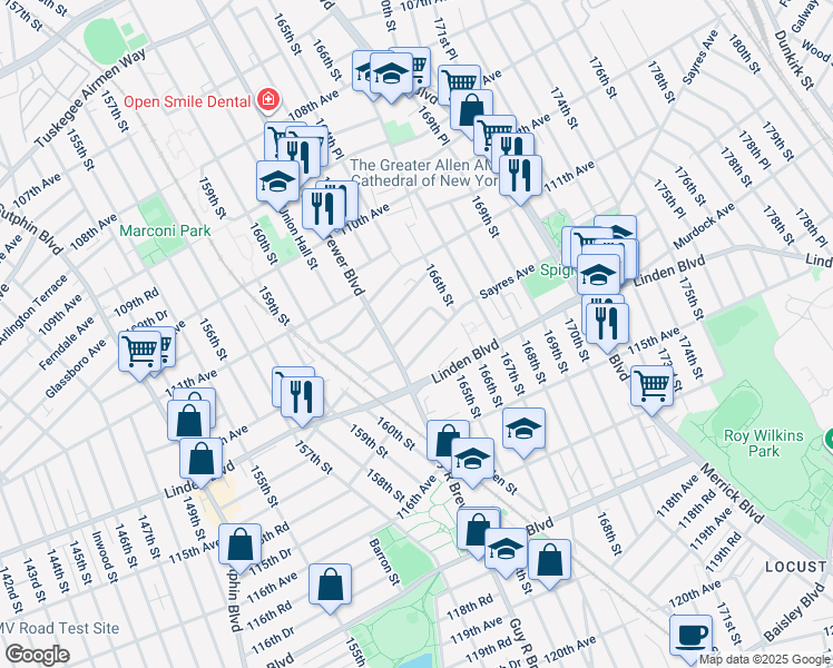 map of restaurants, bars, coffee shops, grocery stores, and more near 163-43 Sayres Avenue in Queens