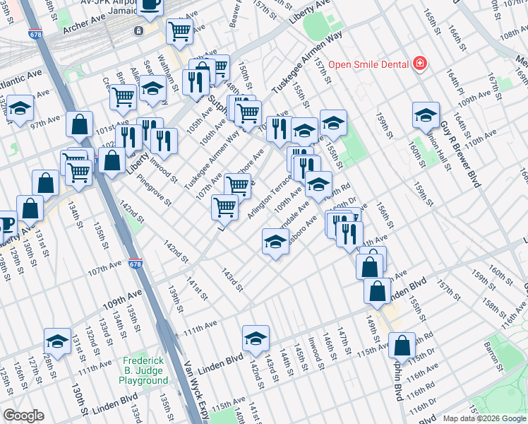 map of restaurants, bars, coffee shops, grocery stores, and more near 145-43 Arlington Terrace in Queens