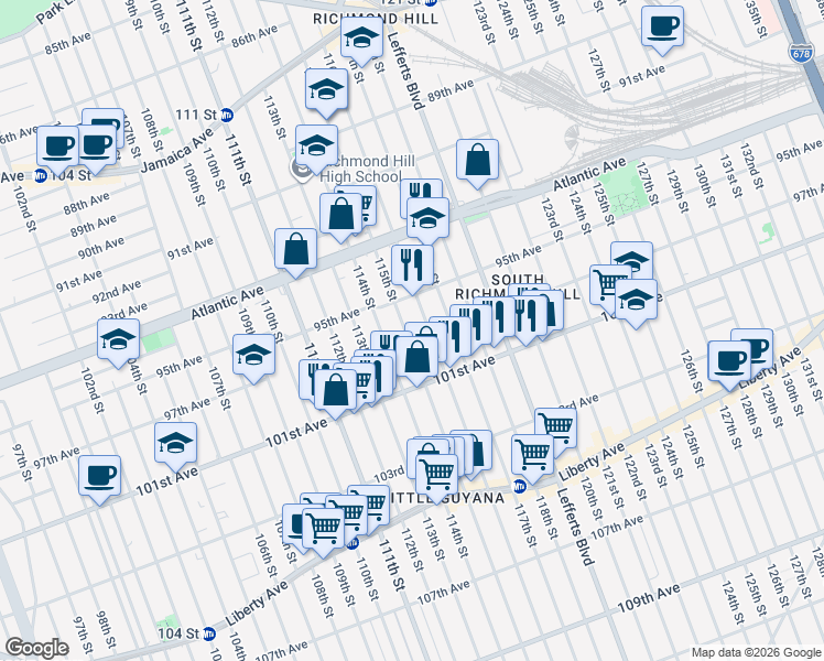 map of restaurants, bars, coffee shops, grocery stores, and more near 95-31 115th Street in Queens
