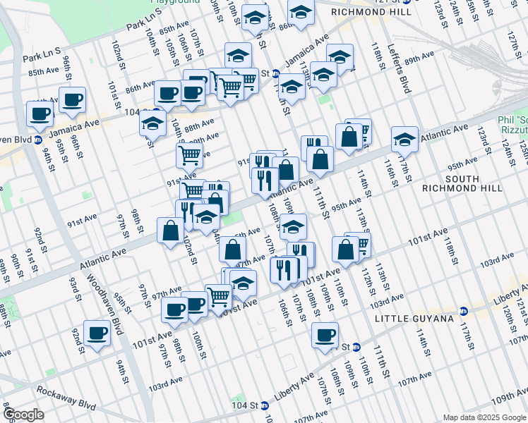 map of restaurants, bars, coffee shops, grocery stores, and more near 9420A 108th Street in Queens