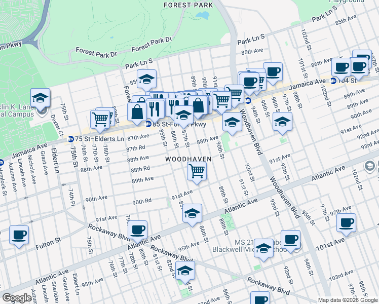 map of restaurants, bars, coffee shops, grocery stores, and more near in Queens