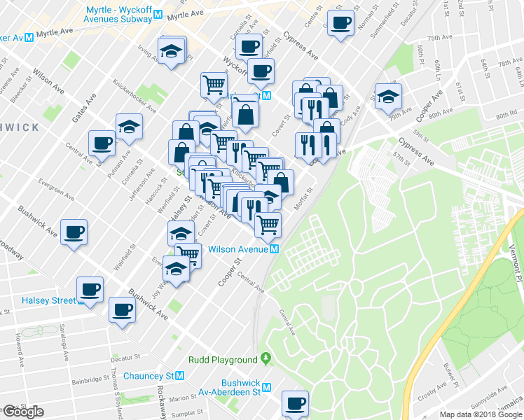 map of restaurants, bars, coffee shops, grocery stores, and more near 235A Cooper Street in Brooklyn