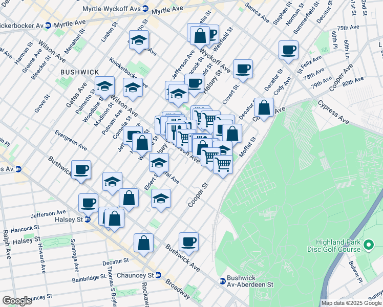 map of restaurants, bars, coffee shops, grocery stores, and more near 574 Wilson Avenue in Brooklyn
