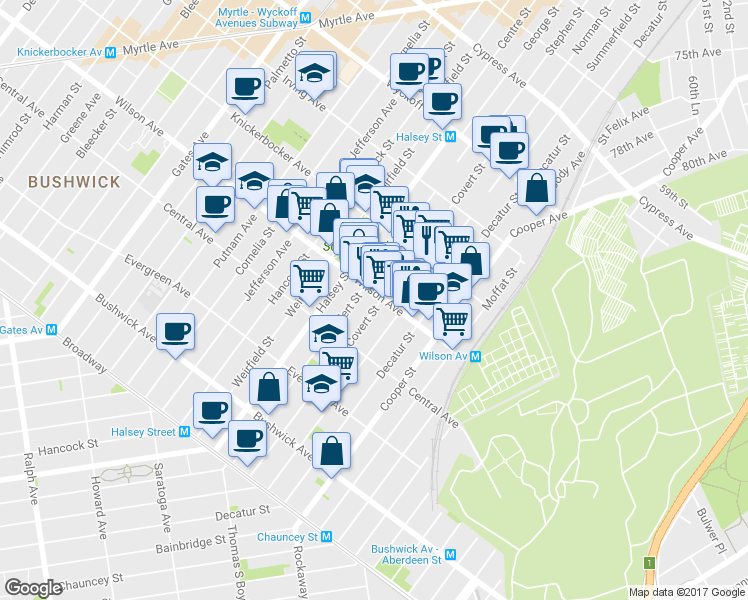 map of restaurants, bars, coffee shops, grocery stores, and more near 574 Wilson Avenue in Brooklyn