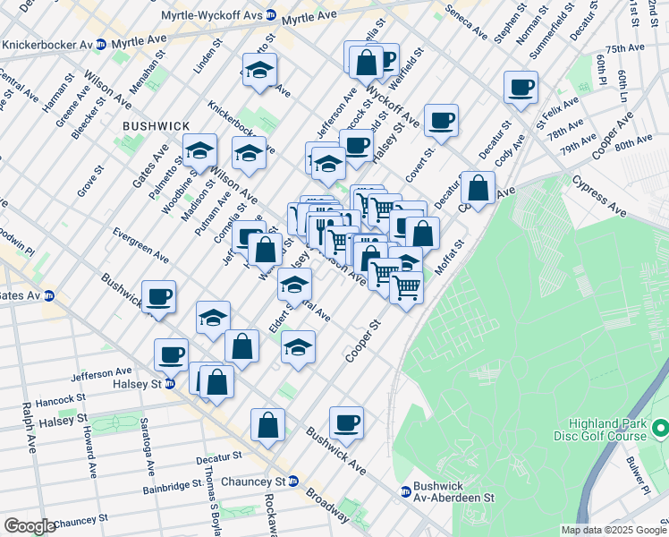 map of restaurants, bars, coffee shops, grocery stores, and more near 574 Wilson Avenue in Brooklyn