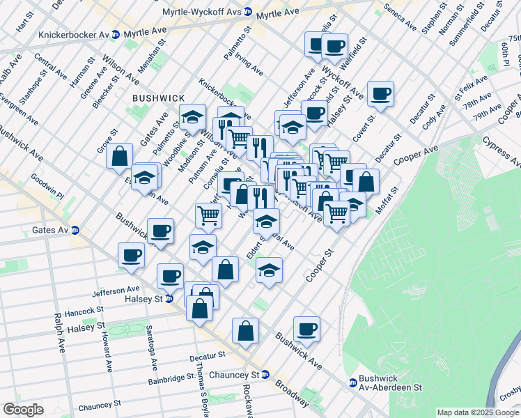 map of restaurants, bars, coffee shops, grocery stores, and more near 1155 Halsey Street in Brooklyn