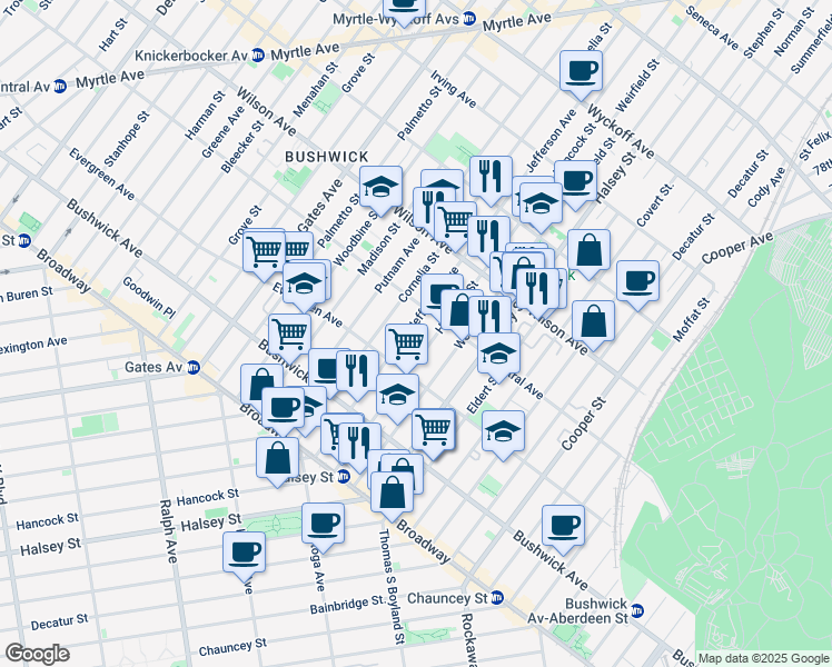 map of restaurants, bars, coffee shops, grocery stores, and more near in Brooklyn