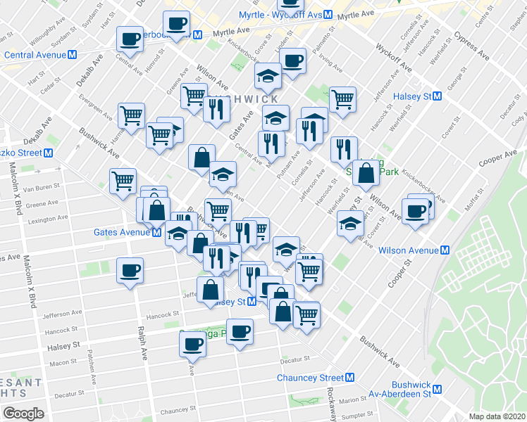 map of restaurants, bars, coffee shops, grocery stores, and more near 521 Evergreen Avenue in Brooklyn